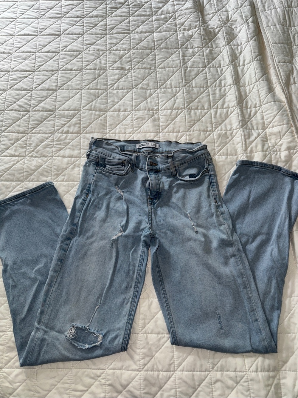 Zara Light Blue Distressed Straight-Leg Jeans